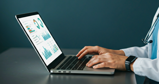 Doctora usando una laptop con gráficos médicos